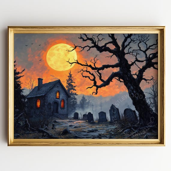 Haunted Graveyard Under Full Moon Spooky Night Scene Vintage Halloween Art Creepy Cottage Wall Decor Gothic Landscape 161