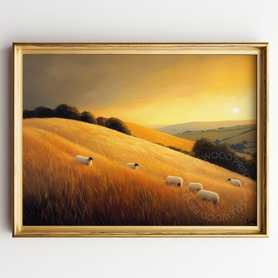 Sunset Hillside Sheep Grazing Painting Warm Pastoral Farmhouse Wall Art