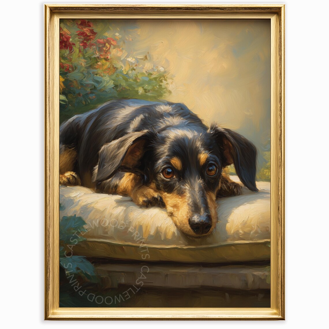 Black Dachshund Resting Cushion Vintage Oil Painting Pet Dog Poster
