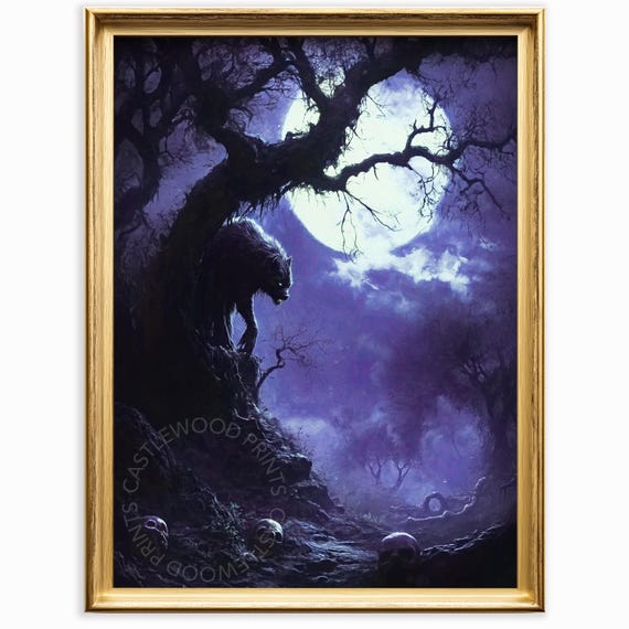 Gothic Moonlit Forest Scene Haunted Night Landscape Spooky Tree Art Atmospheric Dark Wall Decor Eerie Halloween Print 1073