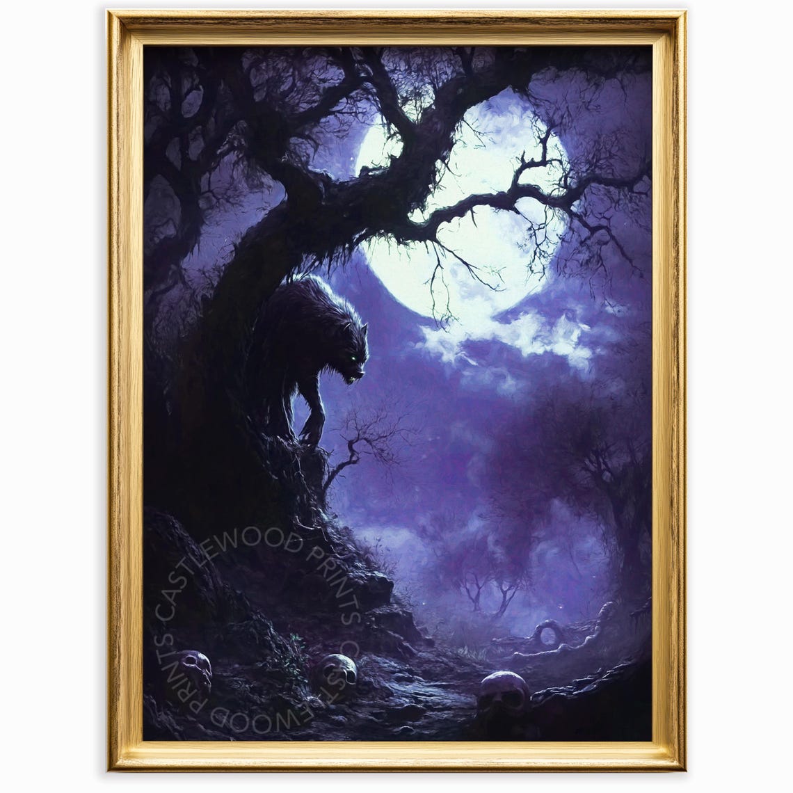 Gothic Moonlit Forest Scene Haunted Night Landscape Spooky Tree Art Atmospheric Dark Wall Decor Eerie Halloween Print 1073