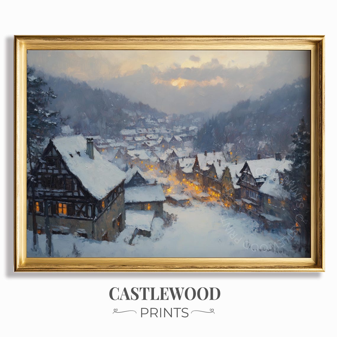 Moonlit Bavarian Winter Town In Snowy Valley Rustic Village Art Poster