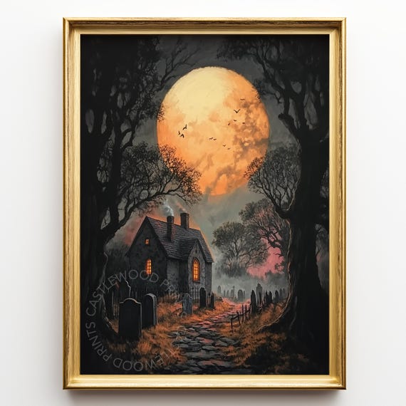 Spooky Moonlit Graveyard Scene Haunted Night Landscape Art Vintage House Painting Eerie Halloween Decor Wall 202