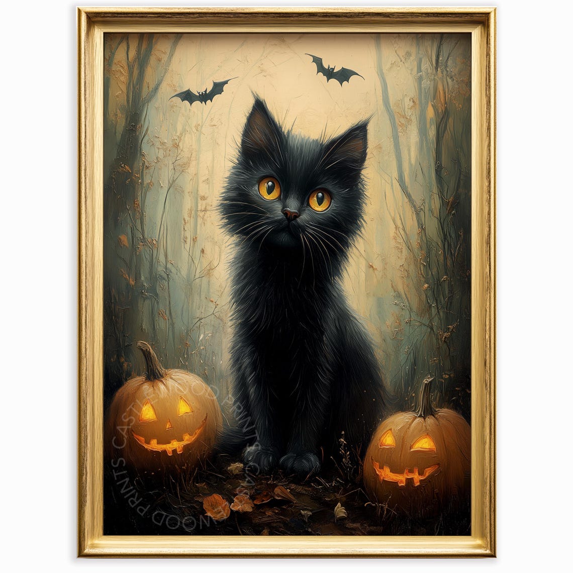 Halloween Black Cat With Pumpkins Vintage Style Art Spooky Autumn Rustic Wall Decor Night Scene Print 1065