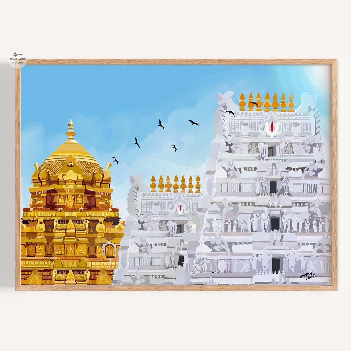Golden Shrine and White Carved Temple Towers India Art Print