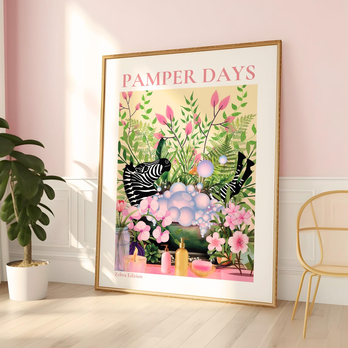 Pamper Days Zebra Splashing In Bubble Bath Floral Bath Poster