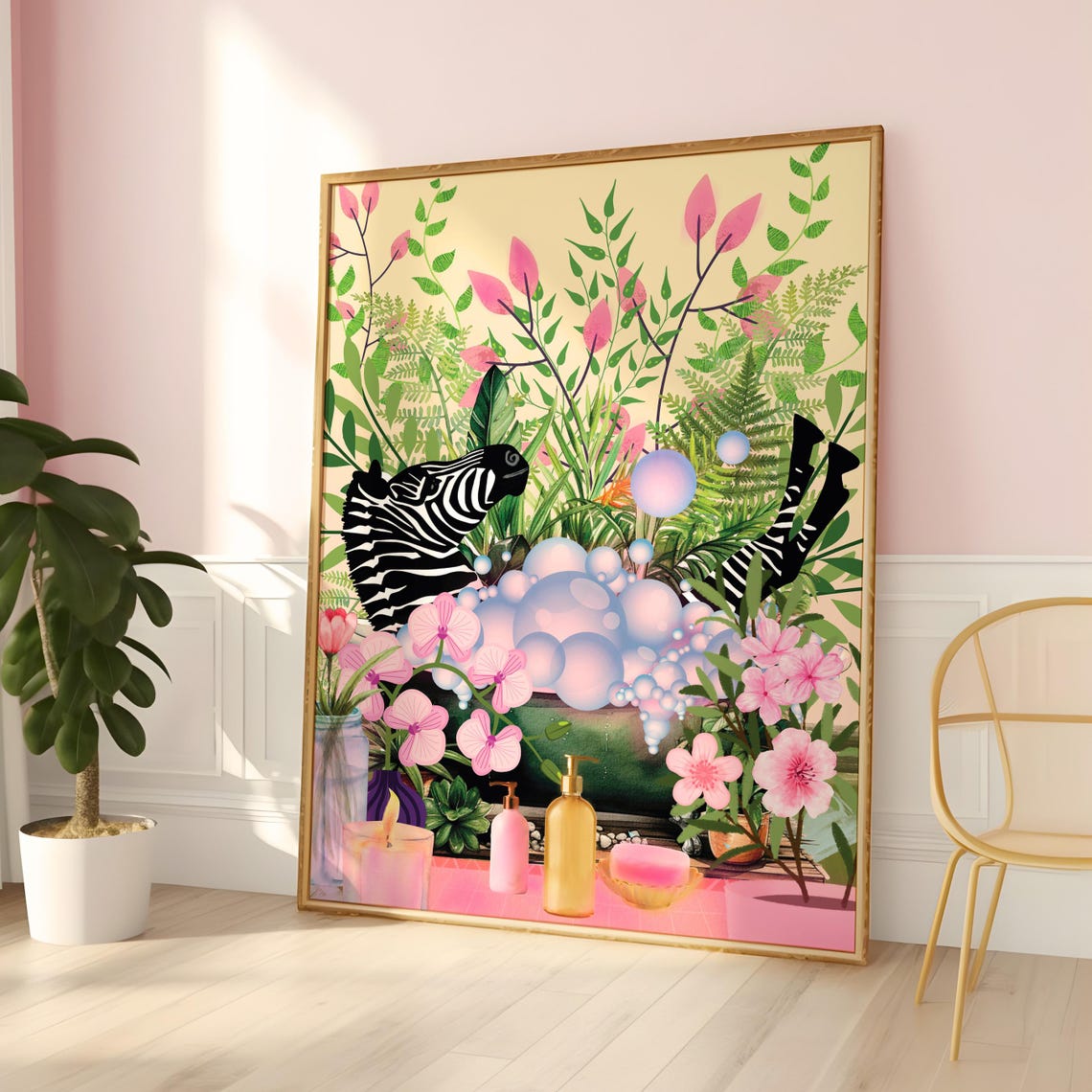 Zebra Enjoying A Bubble Bath In Floral Botanical Bathroom Poster