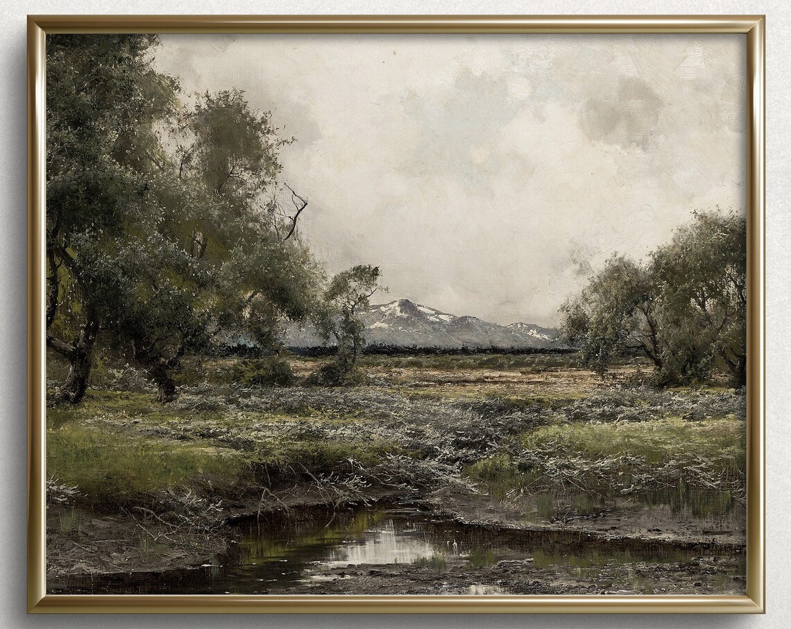 Moody Mountain Stream Stormy Countryside Vintage Oil Painting Poster