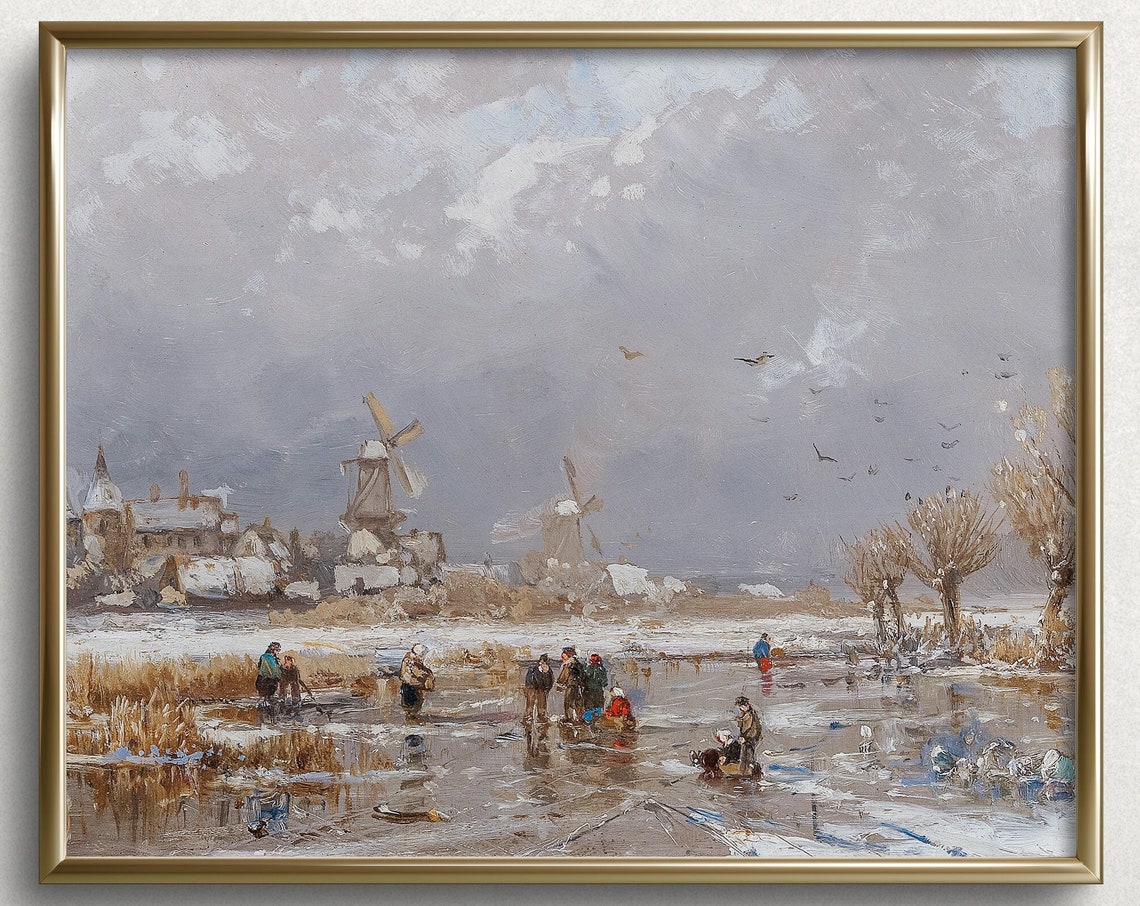 Winter Windmills Vintage Winter Landscape Painting Vintage Winter Art Print Nordic Christmas Painting Scandinavian Christmas L122