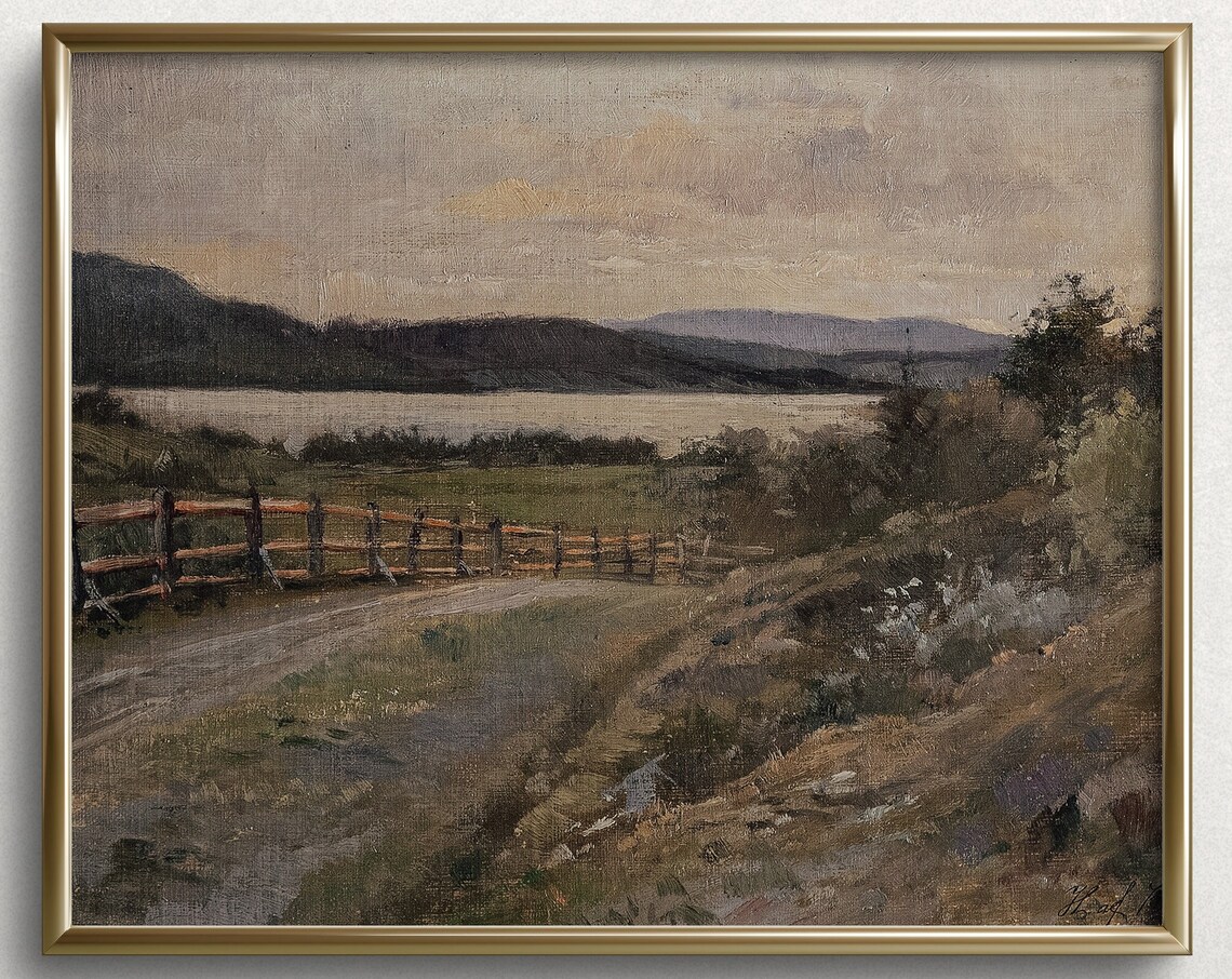 Evening On The Lake Wooden Fence Calm Water Vintage Painting Travel Poster