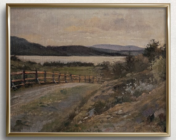 Evening On The Lake Wooden Fence Calm Water Vintage Painting Travel Poster