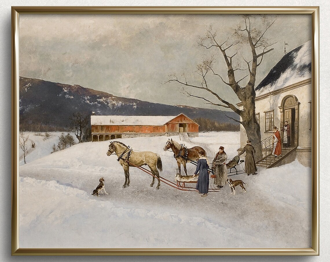 Winter Sleigh Ride Vintage Winter Landscape Art Print