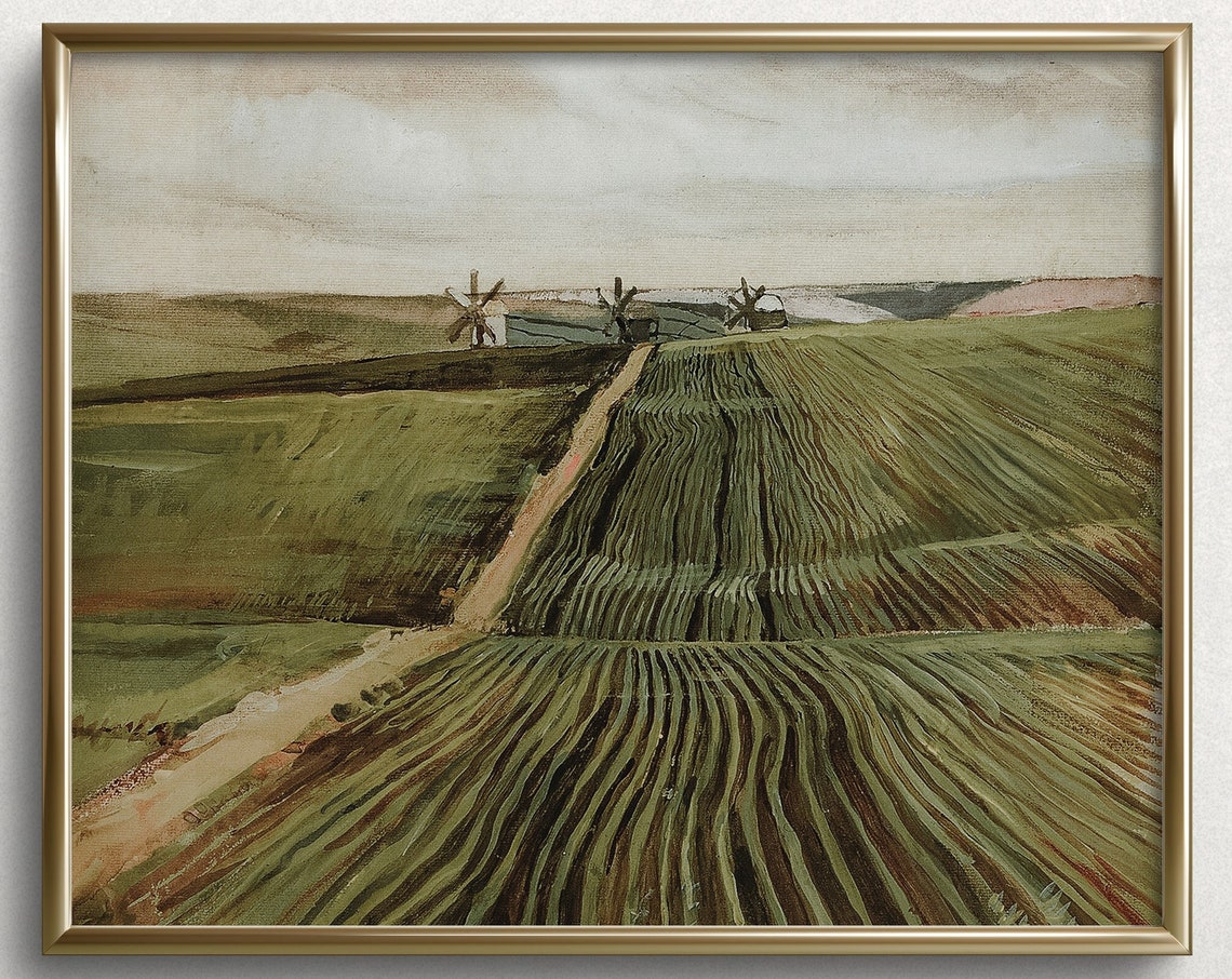 Three Windmills Over Wheat Fields Rural Countryside Art Print