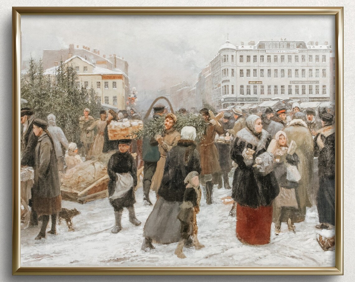 Christmas Tree Auction Christmas Oil Painting Vintage Christmas Art Print Vintage Christmas Tree Painting German Christmas L179