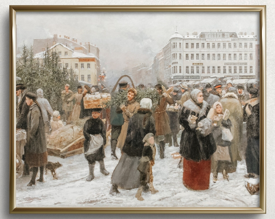 Snowy Christmas Market Vintage Winter City Street Scene Painting Print