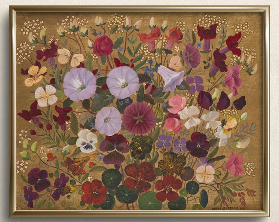 Vintage Floral Art Print, Cottagecore Gold Background
