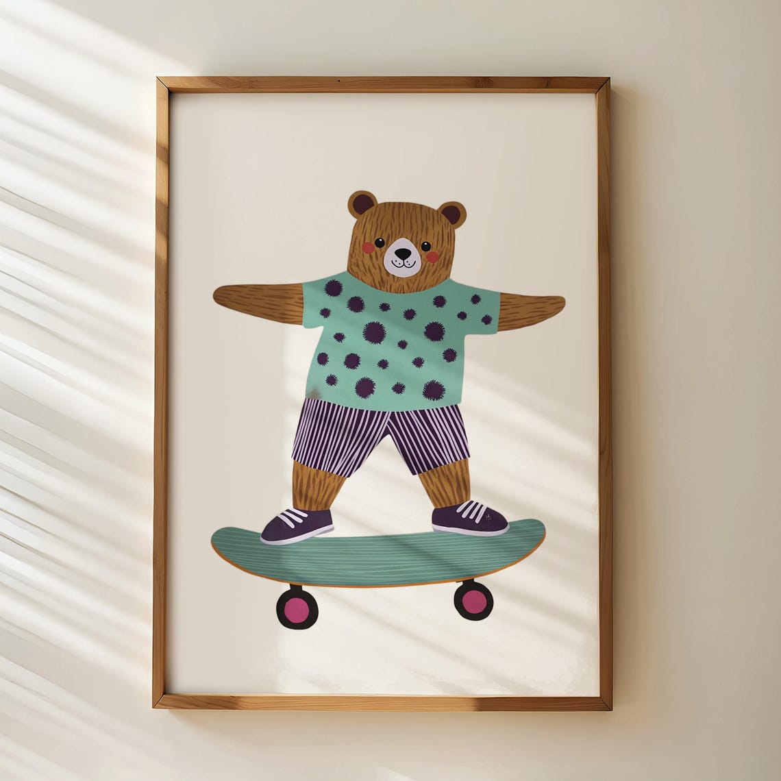 Skateboarding Bear In Polka Dot Tee Cute Kids Nursery Wall Art