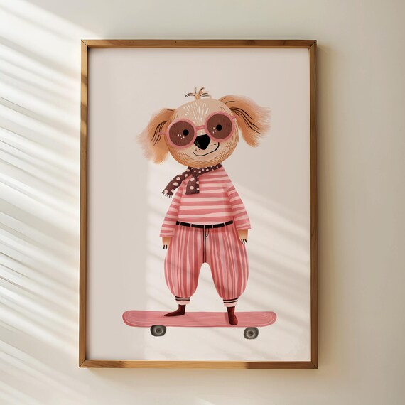 Cute Skateboarding Dog In Pink Stripes Sunglasses Nursery Wall Art