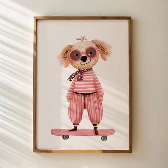 Skateboarding Dog Nursery Wall Art Gender Neutral Playroom Decor Animal Toddler Room Poster Childrens
