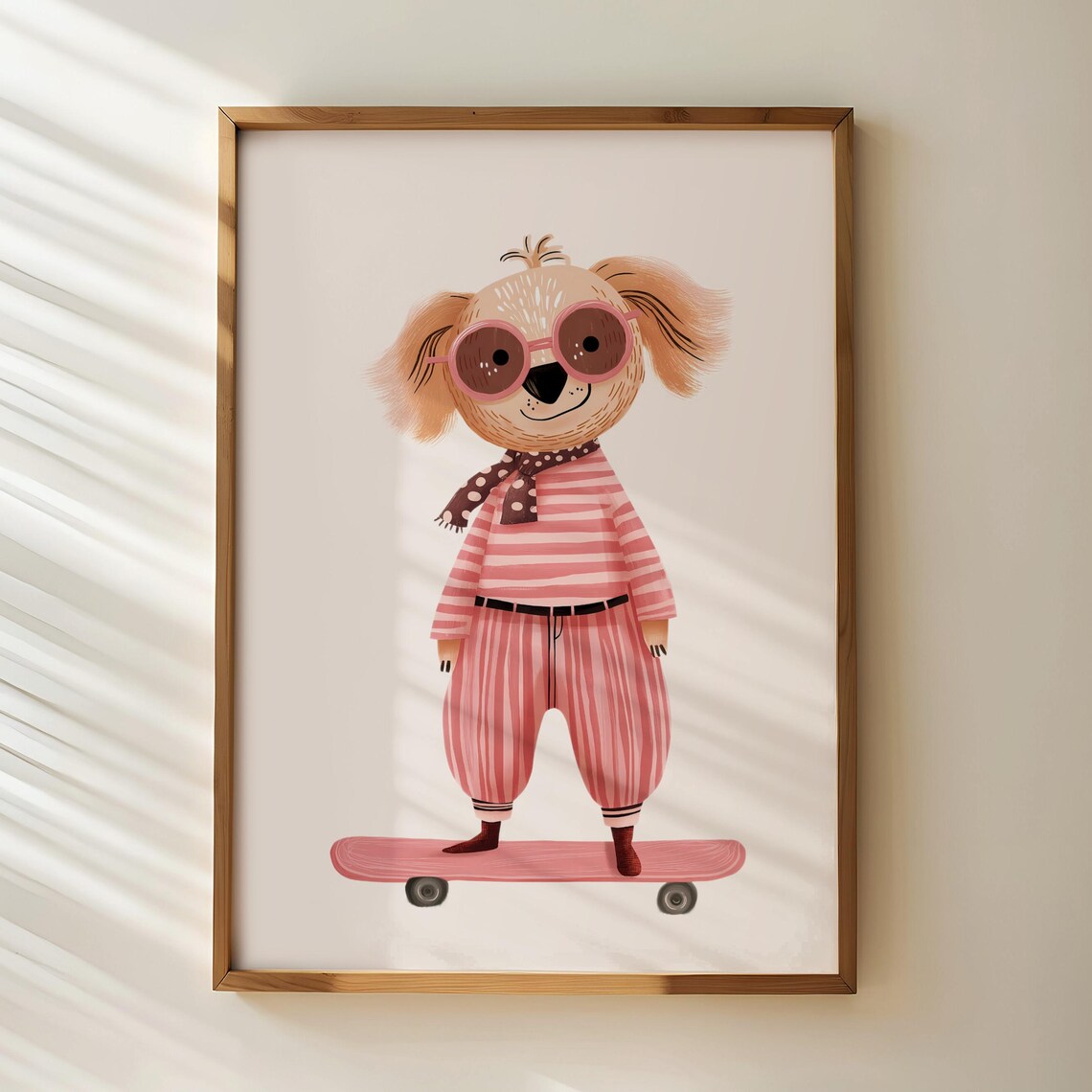 Cute Skateboarding Dog In Pink Stripes Sunglasses Nursery Wall Art