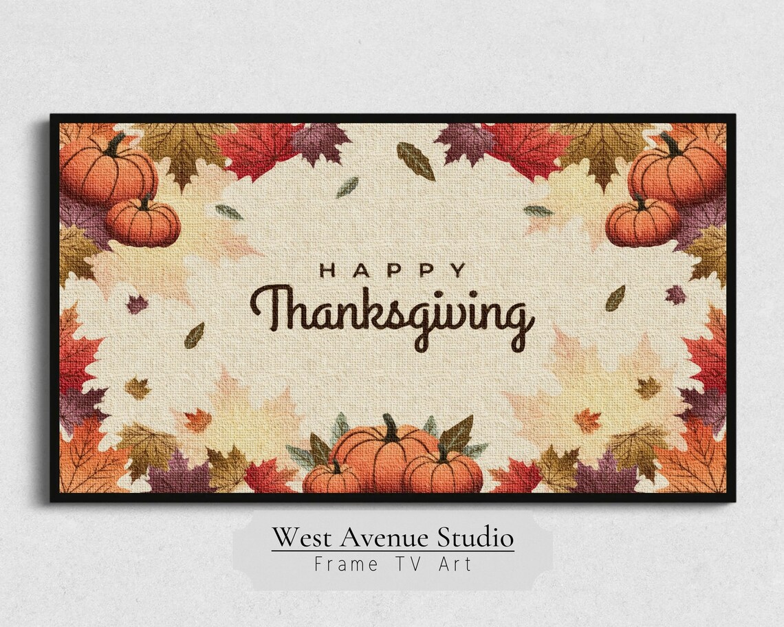 Happy Thanksgiving Sign Fall Leaves Pumpkins Border Autumn Holiday Art Poster - Image 2