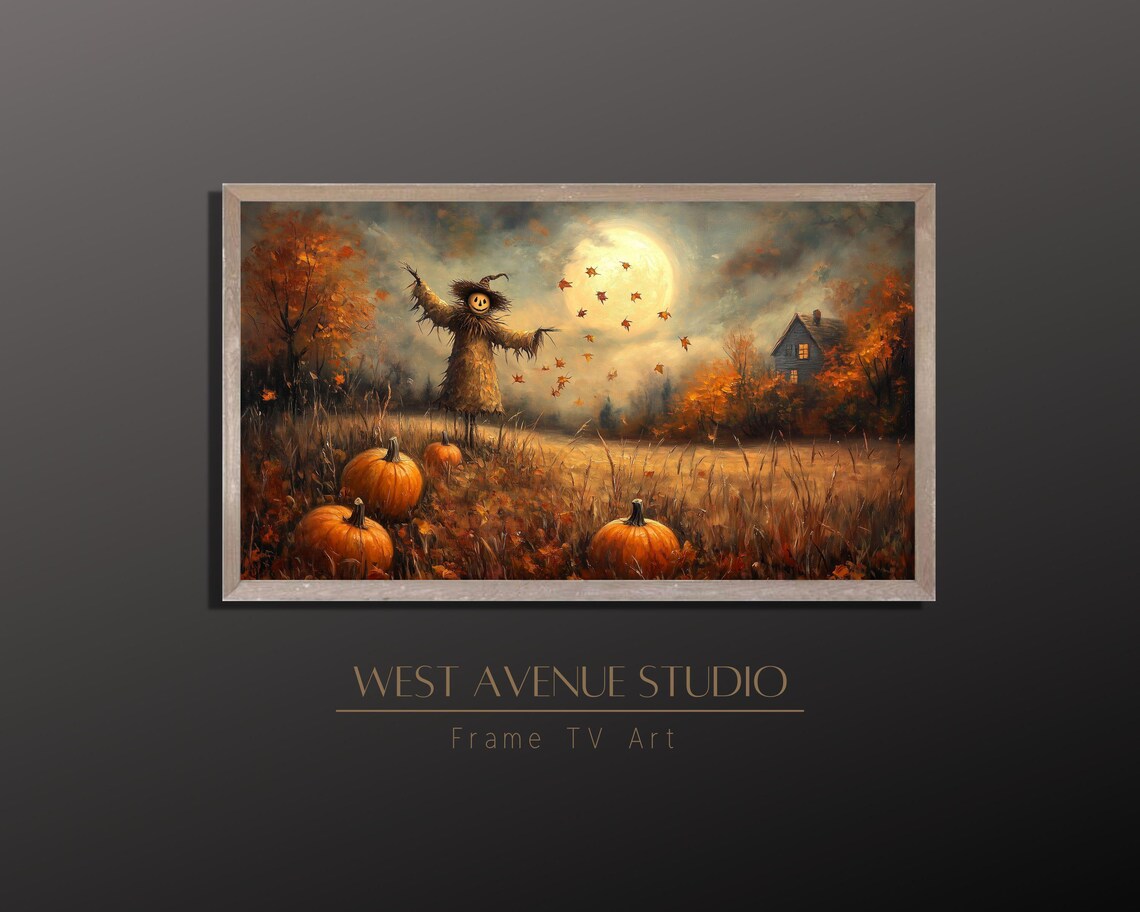Scarecrow Under Full Moon Pumpkin Patch Autumn Harvest Halloween Poster