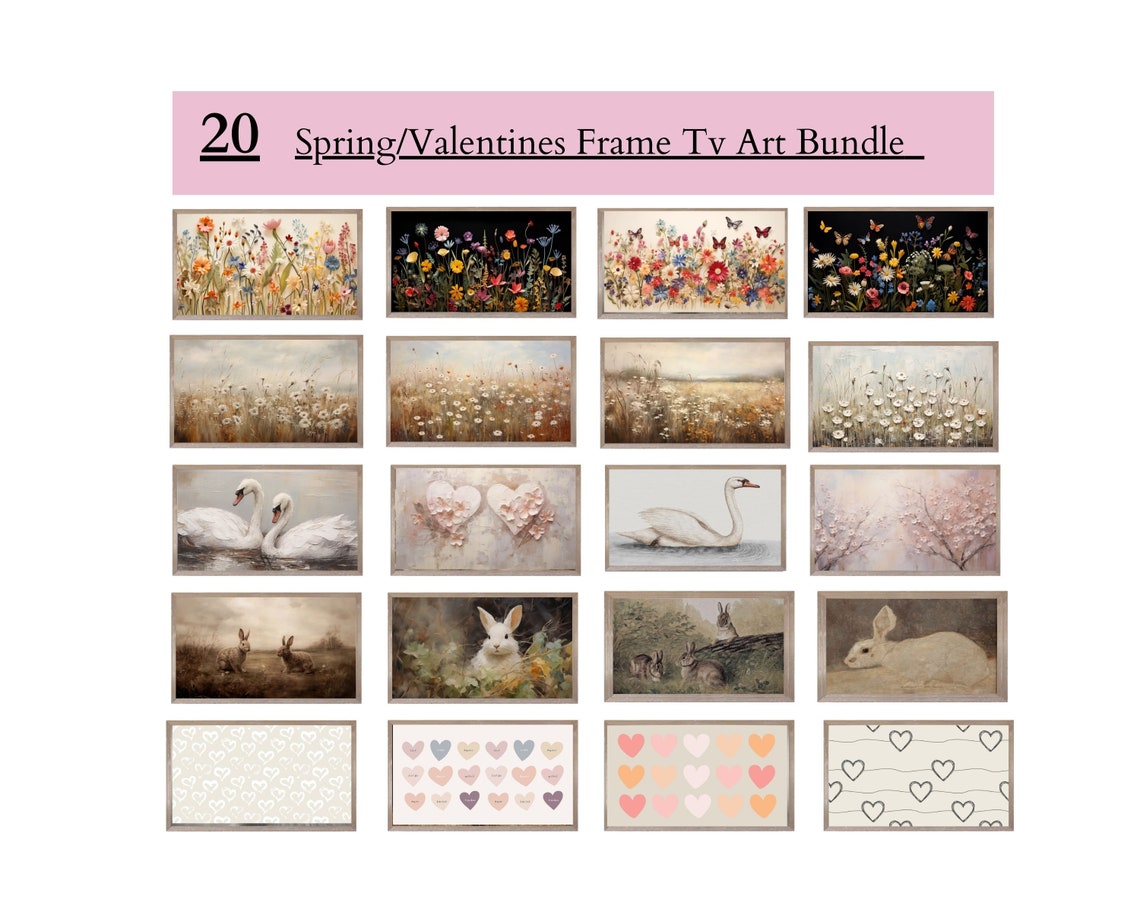 Spring Valentine Set of 20 Vintage Floral Bunny Swan Art Prints Bundle