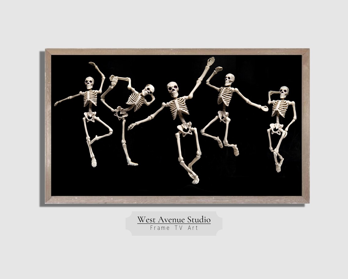 Dancing Skeletons Party Fun Halloween Art Black Background Skeleton Dance Poster