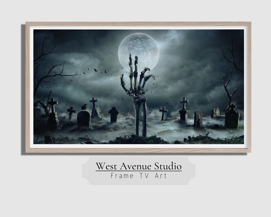 Spooky Graveyard Skeleton Hand Reaching Full Moon Misty Night Horror Art Poster - Image 4