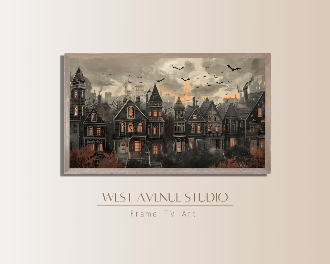Haunted Village Dusk Bats Over Old Houses Glowing Windows Halloween Poster - Image 3