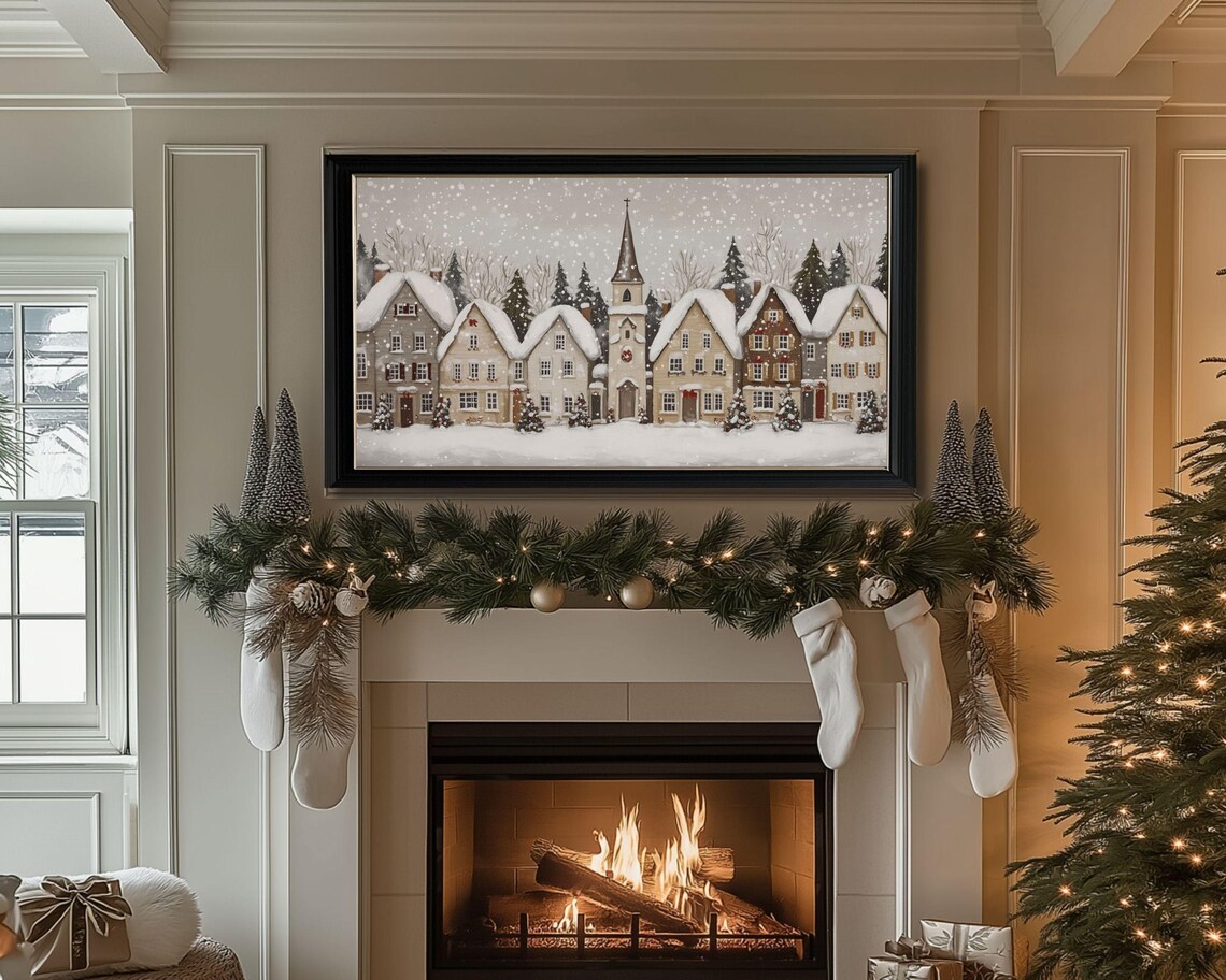 City Christmas Art Print, Scandinavian Winter Village - Image 3