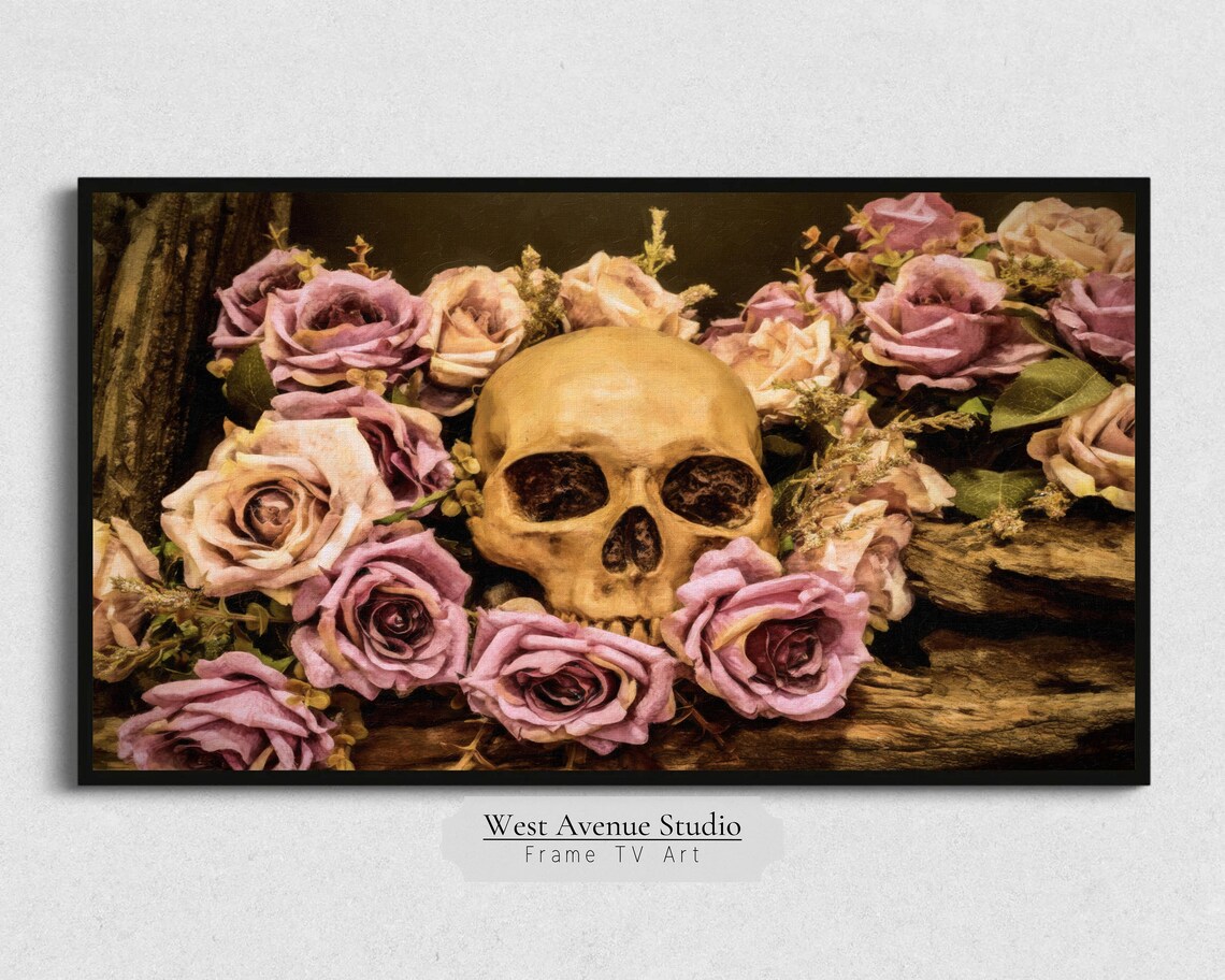 Skull with Dusty Pink Roses Gothic Romantic Halloween Still Life Poster - Image 5