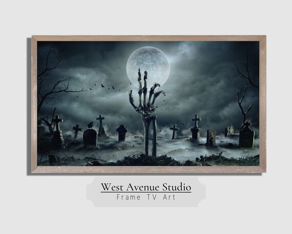 Spooky Graveyard Skeleton Hand Reaching Full Moon Misty Night Horror Art Poster
