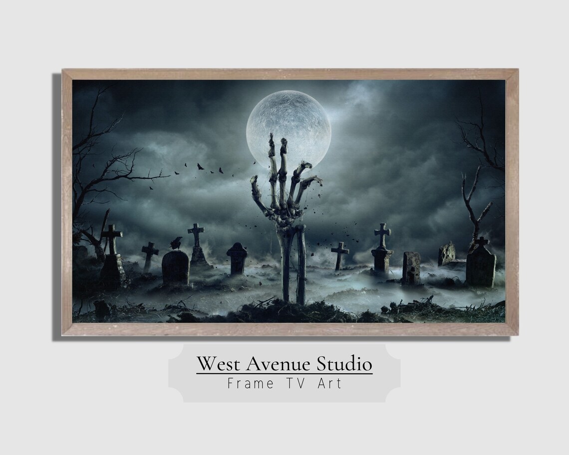 Spooky Graveyard Skeleton Hand Reaching Full Moon Misty Night Horror Art Poster