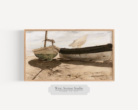 Beached Fishing Boats Sandy Shore Vintage Nautical Oil Painting Art Poster