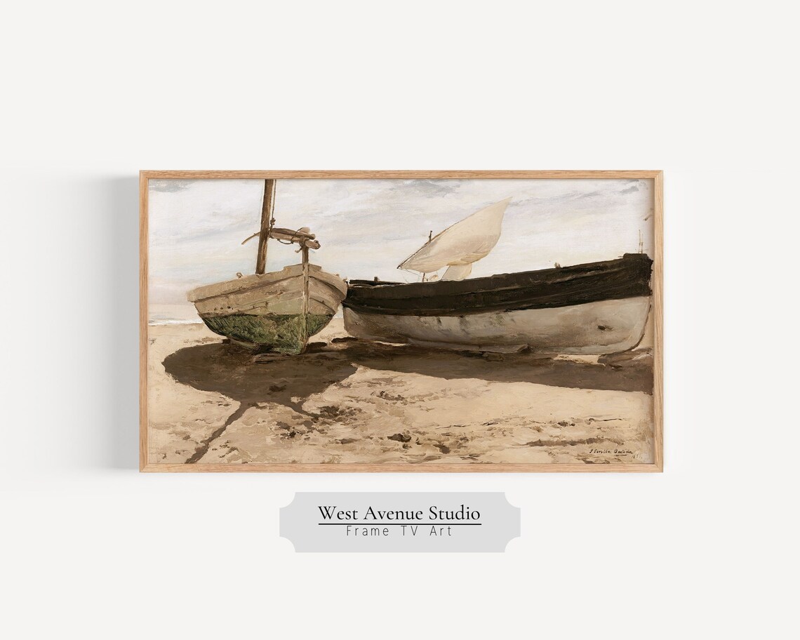 Beached Fishing Boats Sandy Shore Vintage Nautical Oil Painting Art Poster