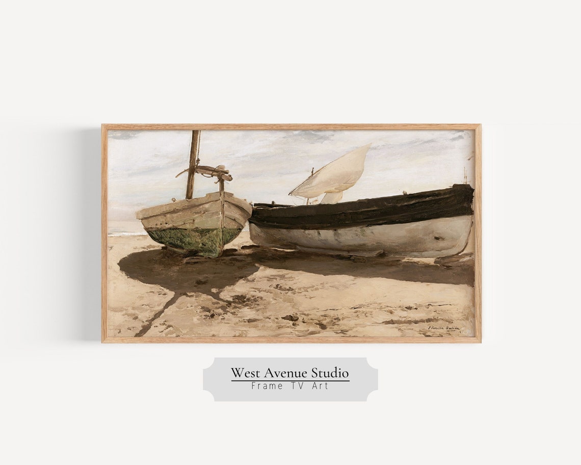 Frame Tv Art Summer Seascape Vintage Oil Painting Nautical Tv Art Summer Boats Summer Tv Art Circa 1893 Instant 297