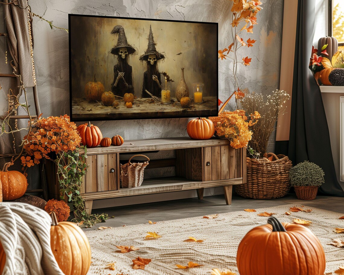 Skeleton Witches At Table With Pumpkins Candles Dark Halloween Art Poster - Image 5