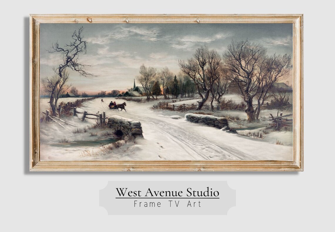 Horse Drawn Sleigh Snowy Road Winter Village Vintage Landscape Poster - Image 4