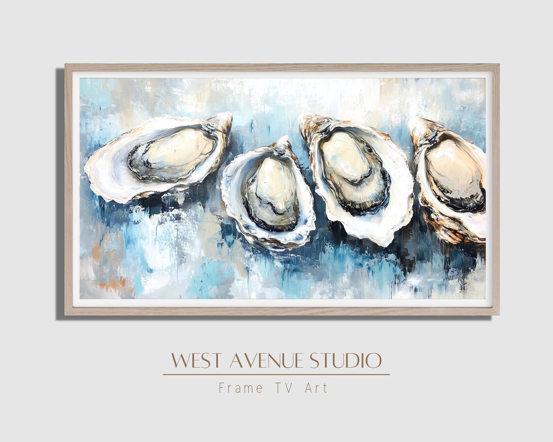 Coastal Oyster Shells Blue Abstract Beach House Kitchen Wall Art Poster - Image 2