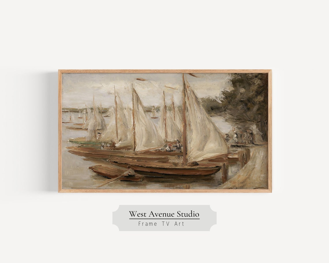 Frame Tv Art Summer Seascape Vintage Oil Painting Nautical Tv Art Summer Boats Summer Tv Art Circa 1893 Instant 295