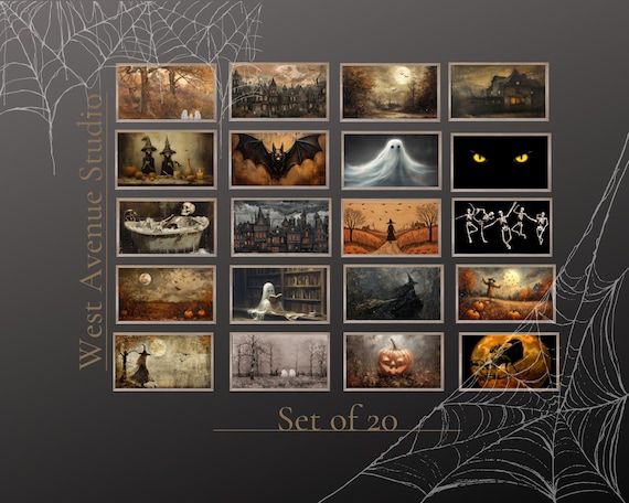 Set Of 20 Halloween Art Bundle Ghosts Witches Haunted Houses Fall Poster