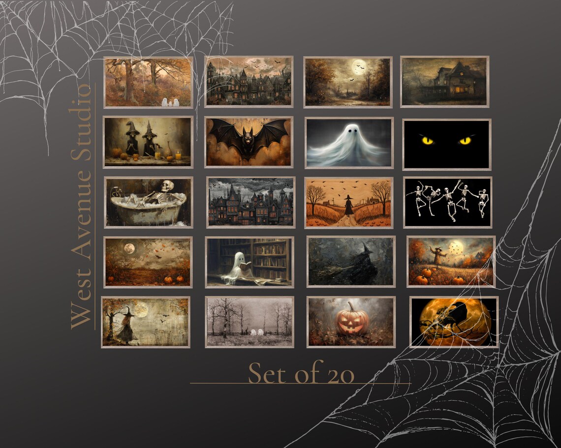 Set Of 20 Halloween Art Bundle Ghosts Witches Haunted Houses Fall Poster