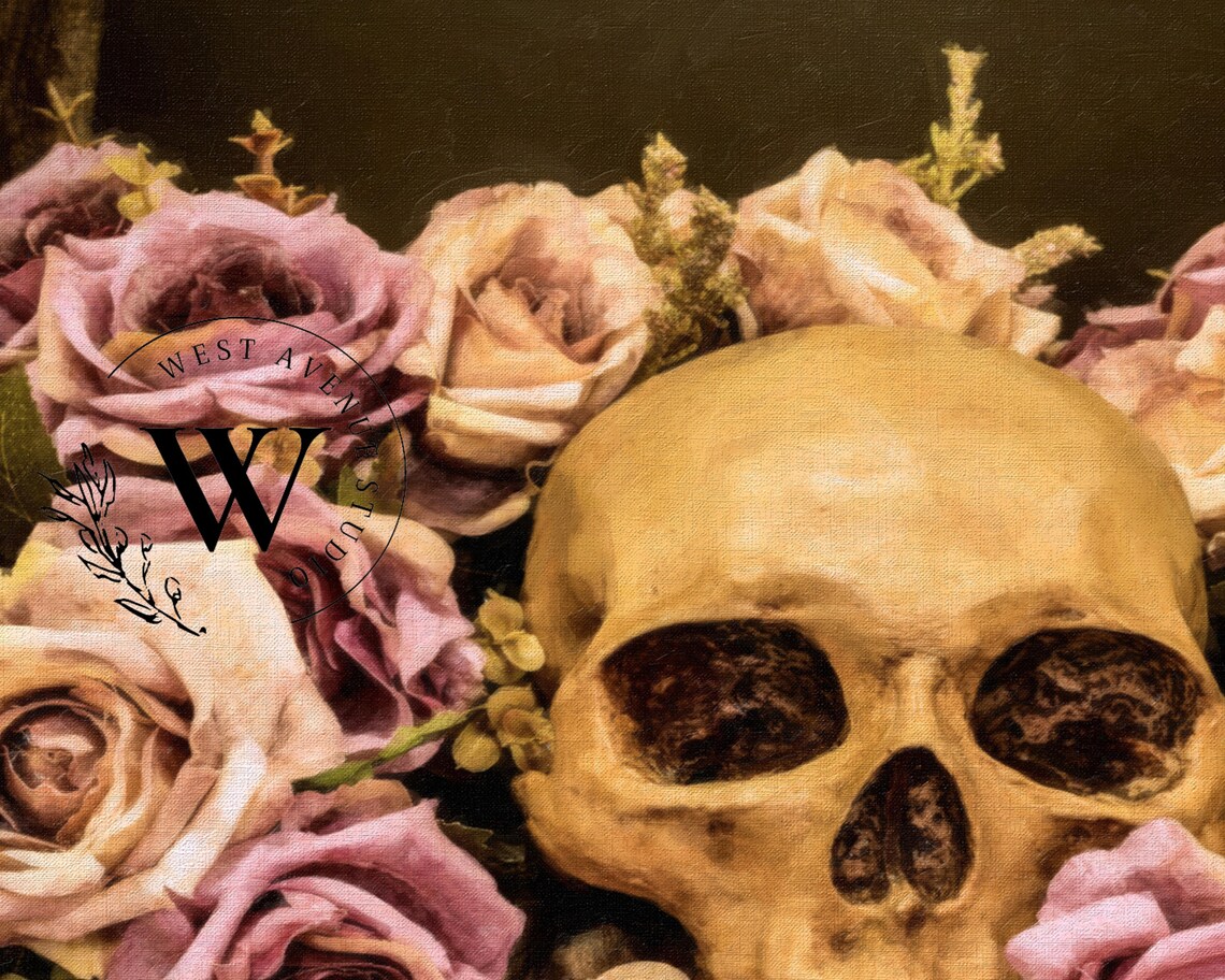Skull with Dusty Pink Roses Gothic Romantic Halloween Still Life Poster - Image 3