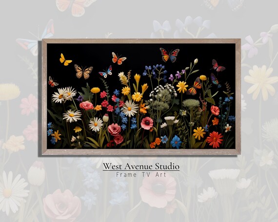 Wildflower Garden With Butterflies Black Background Floral Wall Art Poster