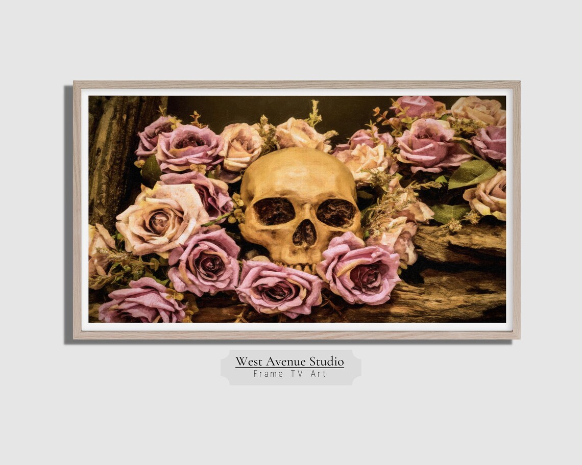 Skull with Dusty Pink Roses Gothic Romantic Halloween Still Life Poster - Image 4