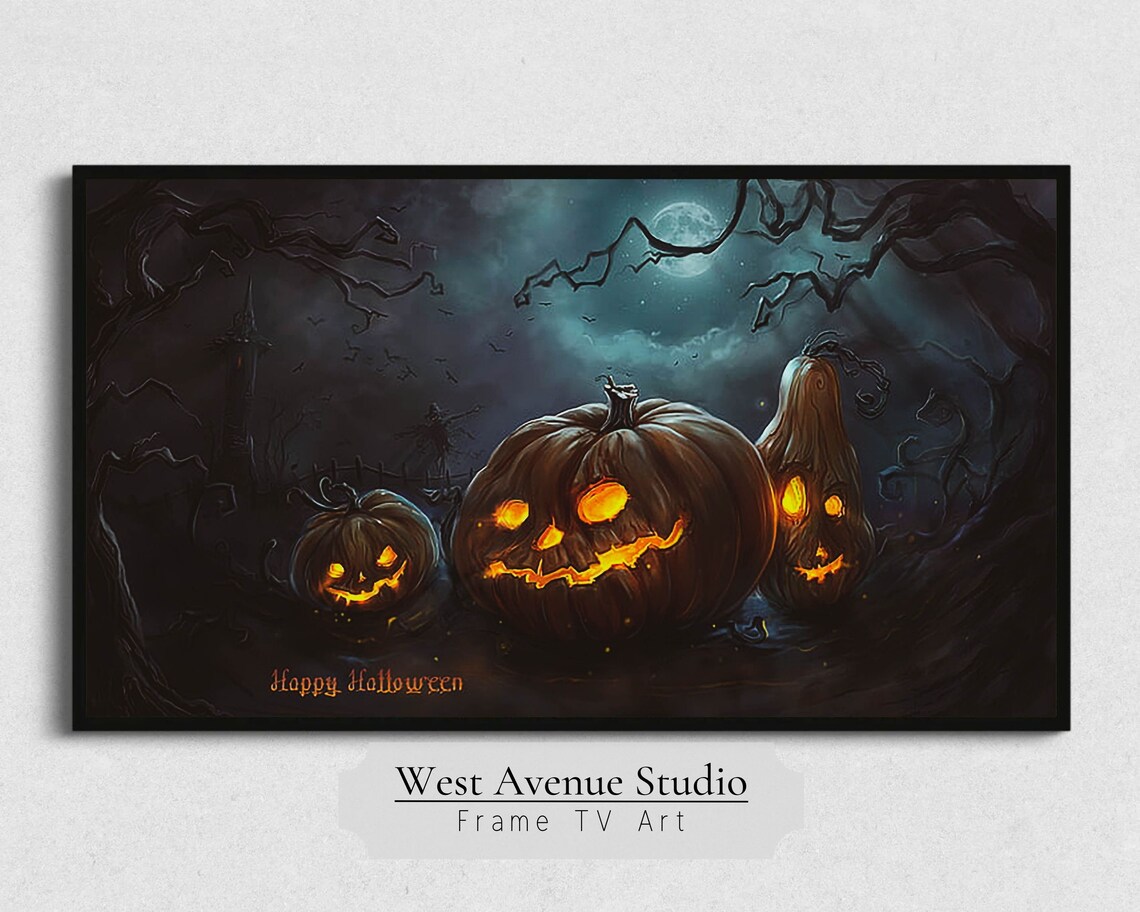 Glowing Jack O Lanterns Full Moon Spooky Night Bats Happy Halloween Art Poster - Image 5