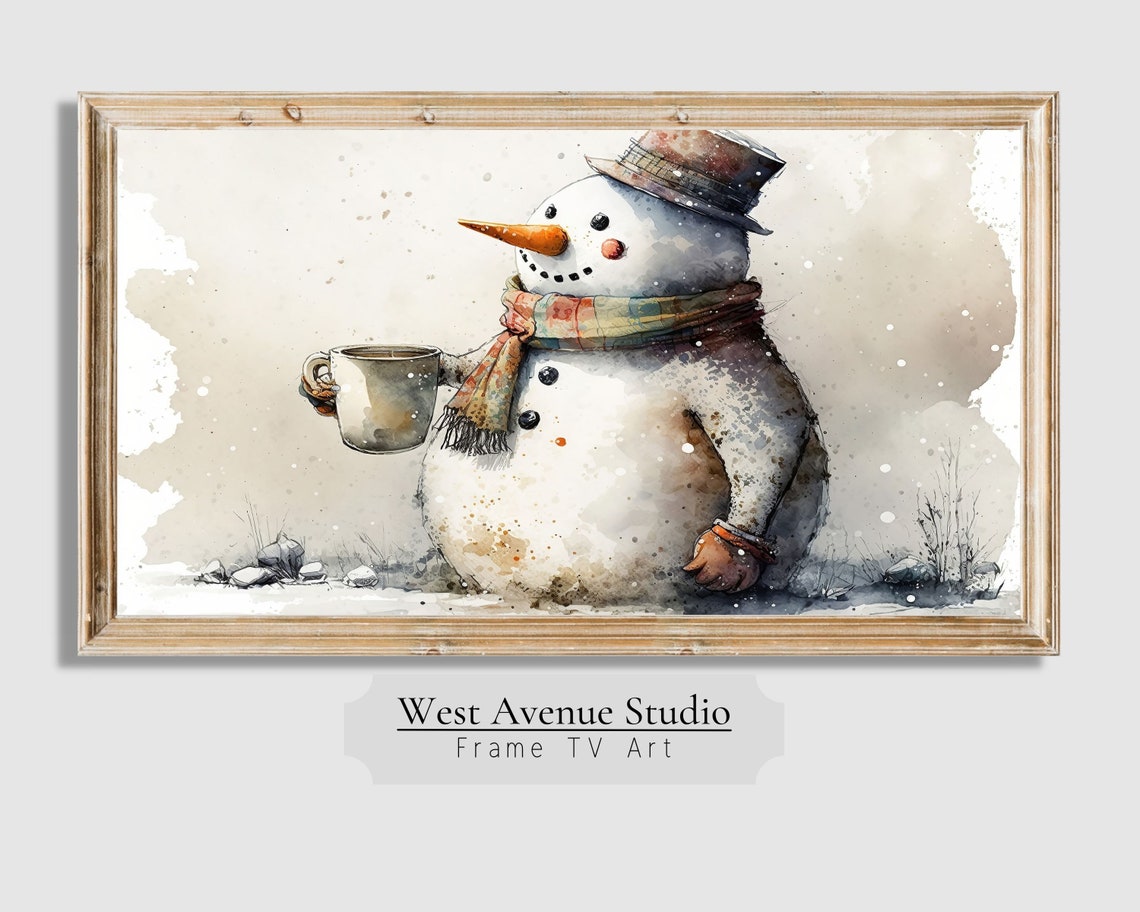 Watercolor Snowman Holding Hot Cocoa Top Hat Scarf Cozy Winter Poster - Image 4