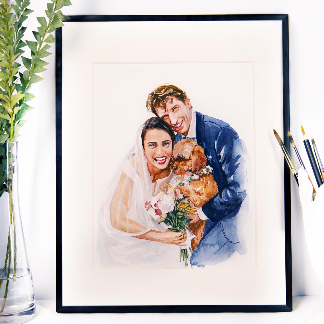 Newlyweds Kissing with Two Bow Tied Cats Watercolor Portrait Poster - Image 2
