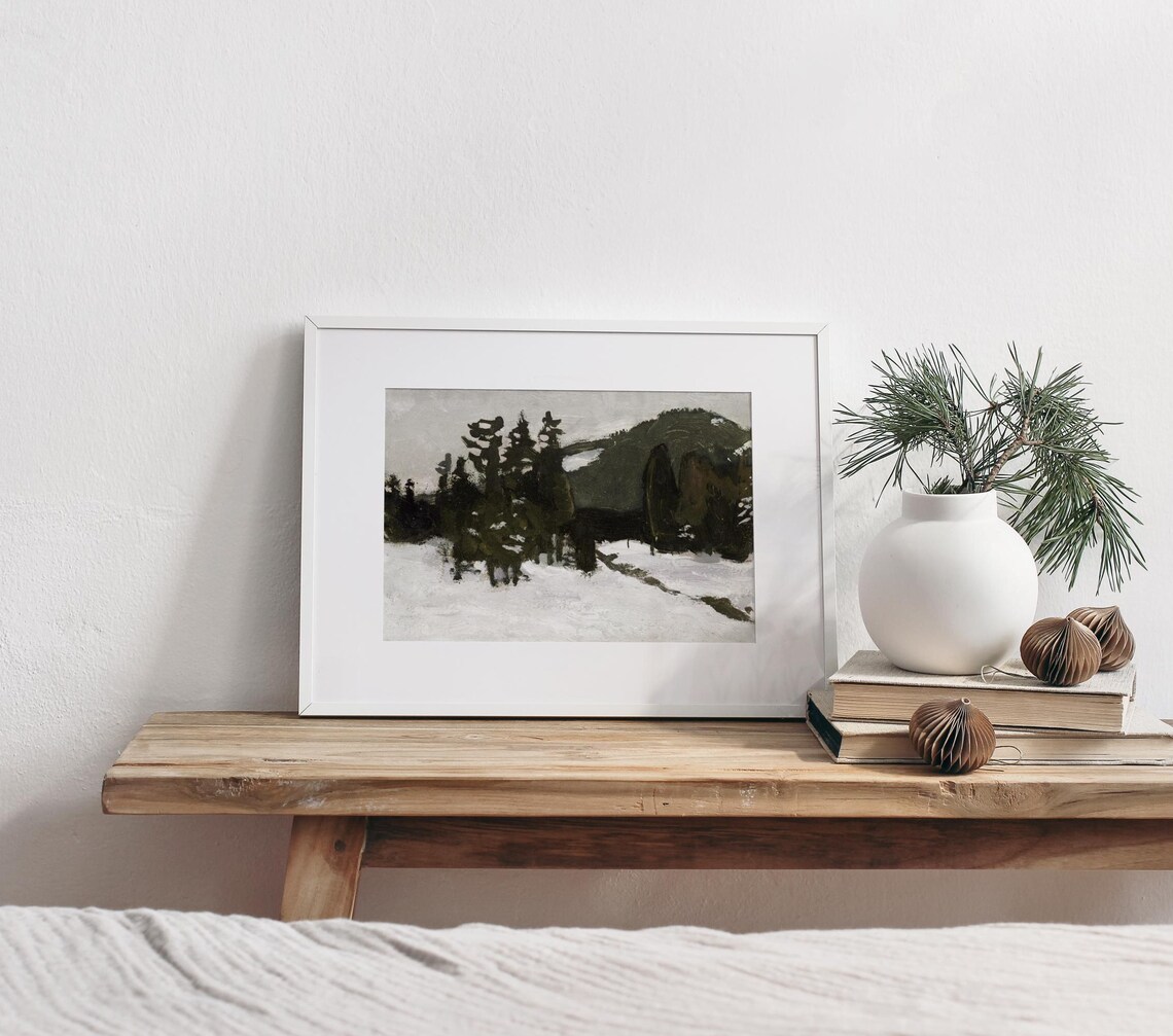 Snowy Evergreen Forest Mountain Vintage Winter Nature Painting Poster - Image 2